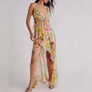 NWT L For Love and Lemons Floral Yellow Maxi Dress Madison V Neck Bodysuit